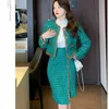 Spring Autumn Women's Green Tweed Blazer Set Office Formal Party Women Sequin Plaid Woolen Jacket and Split Midi Skirt Suit 240109
