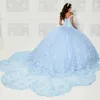 Sky Blue Off the Shoulder Appliques Lace Quinceanera Dress Sweet 16 Vestidos de Birthday Party Ball Ball Gowns Pärled Custom Made YD