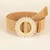 Belts Women Straw Woven Elastic Wide Belt Pearl Decoration Buckle Waitband Boho Style Solid Color Summer Beach Dress Decora