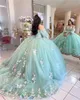 Зеленое милое платье Quinceanera в Мексике, аппликации, расшитое бисером бальное платье для выпускного вечера с рукавами, Vestidos De 15 Sweet 16, день рождения