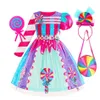 Rainbow Candy Princess Dress Girls Ball Lollipop Purim Costume for Kids with Headband Holiday Birthday Party Clothes Outfits 240109