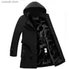 Men's Wool Blends Men's Fleece Hooded Thick Wool Winter Coat 2021 Brand New Long Wool Trench Coat Men Casual Pocket Overcoat with Removable Hood T240110