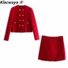 Klacwaya Women Fashion Two-Piece Set Vintage Red Tweed Double Breasted Blazer Feamle Slit Tweed Mini Skirt Chic Suit 240109