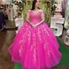 Розово-красное милое платье Quinceanera с блестящими кружевными аппликациями и бусинами Vestidos De 15 Anos Торжественное платье принцессы на день рождения