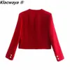 Klacwaya Women Fashion Two-Piece Set Vintage Red Tweed Double Breasted Blazer Feamle Slit Tweed Mini Skirt Chic Suit 240109