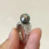 Cluster Rings 8-9mm Natural Tahitian Seawater Black Pearl Ring 925 Silver Zircon Setting Real Tahiti Adjustable Opening For Women