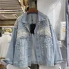 Trabalho pesado pérola diamantes denim jaqueta feminina solta curto cowboy outerwear vintage azul buracos grande bolso jeans jaqueta casaco feminino 240109