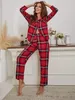 Pyjama femme à carreaux rouges 2 pièces vêtements de nuit hauts pantalons automne hiver Pijamas HomeWear vêtements bouton avant avec poche poitrine 240110