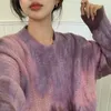 Kobiet Sweters Lady O Neck Long Rękaw Pull Blue Purple Girl Street Casual Tiew Dye Pullover Swater Zima Koreańska Moda