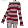 Basic Casual Dresses Y2K Striped Sweater Mini Dress Mall Goth Grunge Emo Bodycon Chic Women Off Shoulder Full Sleeve Slim Fit Dresses 00s VintageL240110