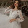 Boho A Line Tulle Wedding Dresses Long Sleeves Illusion Neck Open Back Lace Appliques Ivory Plus Size Bridal Gowns Custom Made