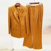 Women's Two Piece Pants Women Satin Blazer Pantsuits Double Breasted Button Wide Leg Office Ladies Trousers Suit Female Formal Sets