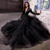 New Black Prom Dress Gothic Tulle Women Formal Evening Gowns Plunging V Neck Long Sleeves Bow Belt Party Gala Gowns Birthday Wear Robe De Soiree