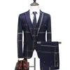 Men's Wedding Plaid Blue Gray Blazers Jacket Pants Vest 3 Pcs Set Slim Fit Business Tuxedo Dress Classic Formal Suits Coat 240109