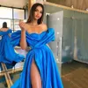 New Modern Blue Women Prom Dress 2024 Off spalla pieghe davanti Split Satin Evening Party Abiti di gala Compleanno Wear Robe De Soiree