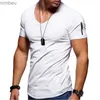 Homens camisetas 2022 Novo Mens V-pescoço T-shirt Fitness Bodybuilding T-shirt High Street Verão de manga curta Zipper Casual Algodão TopL240110