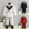 Boy Formal Suit Flower Children Wedding Dress White Baby First Birthday Set Infant Performance Costume Kids Blazer Pants Outfits 240109