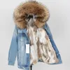 Maomaokong chaqueta vaquera Parka invierno mujer Parkas abrigo con cuello de piel Real capucha de piel de mapache Natural forro de piel de conejo auténtico de lujo 240109