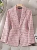 Zima Zima Kobiety Blazer Ladies Pink Beige Plaid Plaid Faien Casual Meriet 240109