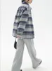 Women's Gray Blue Plaid Lapel Woolen Cotton Jacket Spring and Autumn Chic Female Single Breasted Long Sleeved Loose Coat 240104