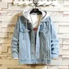 Denim Jacke Männer Mit Kapuze Casual Jean Jacken Streetwear Einfarbig Drehen Unten Kragen Mäntel Jacktes Hut Abnehmbare 240109