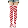 Women Socks Candy Color Over The Knee Stocking Creative Diagonal Striped Christmas Thigh High Halloween Breathable Cotton Long Soxs