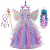 Filles Licorne Robe Arc-En-Princesse Fantaisie Robe De Fête D'anniversaire Enfants Enfants Halloween Licorne Effectuer Costume Pour 3-12 Ans 240109