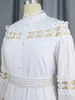 Chic Women Hollow Out Lace Splice Mock Neck Long Sleeve A Line Midi Dress with Belt Casual Party Club Outfits plus size 240109