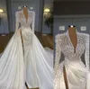 Abiti da sposa country di cristallo di perle di illusione 2024 abiti da ricevimento da sposa da giardino in raso arabo con spacco laterale a maniche lunghe africane Robe de mariee