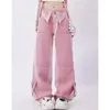 Женские джинсы 2024 Kawaii Vintage Women Pink High Waist American Wide Leg Pants Fashion Hip Hop Harajuku Прямые осенние синие брюки