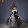 Girls Gothic Halloween Ghost Witch Costume Flare Sleeve Kids Gown Robe Tutu Dress with Witch Hat for Purim Carnival Party 240109