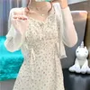 Vestidos de trabalho francês pradaria moda 2 peças conjuntos de vestido bonito floral impressão mini deslizamento vestido manga longa fina malha cardigan doce 2pc saia