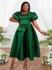 Puff Sleeve Ball Gown Dresses Plus Size Elegant Ladies High Waist Pleated Dark Green Ruffles Shiny Midi Evening Party Outfits 240109