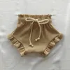 Shorts Effen Kleur Geribbelde Katoenen Wafel Voor Baby Jongens Meisjes Zomerkleding Met Strakke Riem Kant Kinderen Korte Broek