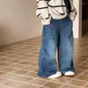 Pantalons Fille Un Bouton Rétro Denim Pantalon Droit Printemps Et Automne Coréen De Couleur Foncé Bébé Enfants Décontracté Lâche Jeans À Jambes Larges