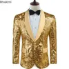 Męskie błyszczące złote cekiny Blezer Stylsih Shall kołnierz Jeden guzik Tuxedo Floral Handlak Party Wedding Groom Costume Homme 240110