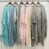 Vêtements ethniques Élégant Bubble Sleeve Kimono Abaya Robe pour femmes Été Mince Brillant Satin Bref Solide Voir à travers la robe ouverte Ramadan