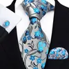 Blue Gold Floral Neck Tie för män Luxury 8cm Wide Silk Wed Business Ties Pocket Square Cufflinks Set Men Accessories Gravata 240109