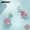 WOSTU Real 925 Sterling Zilver Girly Planeet Stud Oorbellen Voor Vrouwen Hart Roze Kristal Charme Drop Earring Bruiloft Sieraden Gift