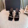 Meduza met kristallen versierde strass pantoffels met vierkante neus Hoge hakken satijnen sandalen Dames ontwerpers Schoen avond Slingback riem designer schoenen