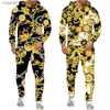 Herrspårsräder lyxiga Golden Floral Print Men's 2 -stycken outfit retro barock mönster hoodie/byxor/set hip hop streetwear män/kvinnor jogging kostym t240110