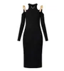 dew shoulder Dresses Women Knitted Long Dress Designer Slim Stretch Black Dresses Winter Long-sleeved Sexy Skirt