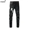 Jeans da uomo Toppa ricamata in pelle nera Pantaloni in denim skinny sottili elastici invecchiati strappati Moda Hip Hop