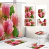 Douchegordijnen Rose Flower Douchegordijnset Antisliptapijten Badmat Wc-dekselafdekking en waterdicht polyester badkamergordijn Decor