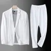 Spring Autumn Fashion Men Linen Twopiece Set Blazer Jacket Pants Solid Slim Fit Casual Business Thin Clothing Breatble Suit 240110