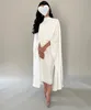 シンプルなロングホワイトイブニングドレスハイネックスパンデックスケープマーメイドティーレングスフォーマルオシプドレス付きフルスリーブ