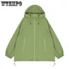 2024 Kvinnorjackor Y2K Green Windbreaker Jacket Kvinnor Överdimensionerad Hip Hop Streetwear Black Top Waterproof Hooded Coat Haruku Techwear Ytterkläder