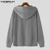 INCERUN Tops Koreanischen Stil Herren Solide Lose Anliegende Kapuze Taste Design Pullover Casual Alle-spiel Sweatshirts S-5XL 240110