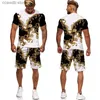 Tracki męskie Letni męski Złoty wzór T-shirty/spodenki/zestawy Vintage 3D nadrukowany dwuczęściowy garnitur moda Jogger Męskie ubrania streetwearu T240110