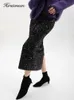 Hirsionsan-falda con lentejuelas de cintura alta para mujer, falda básica por debajo de la rodilla para oficina, elegante, larga, negra brillante, 240110